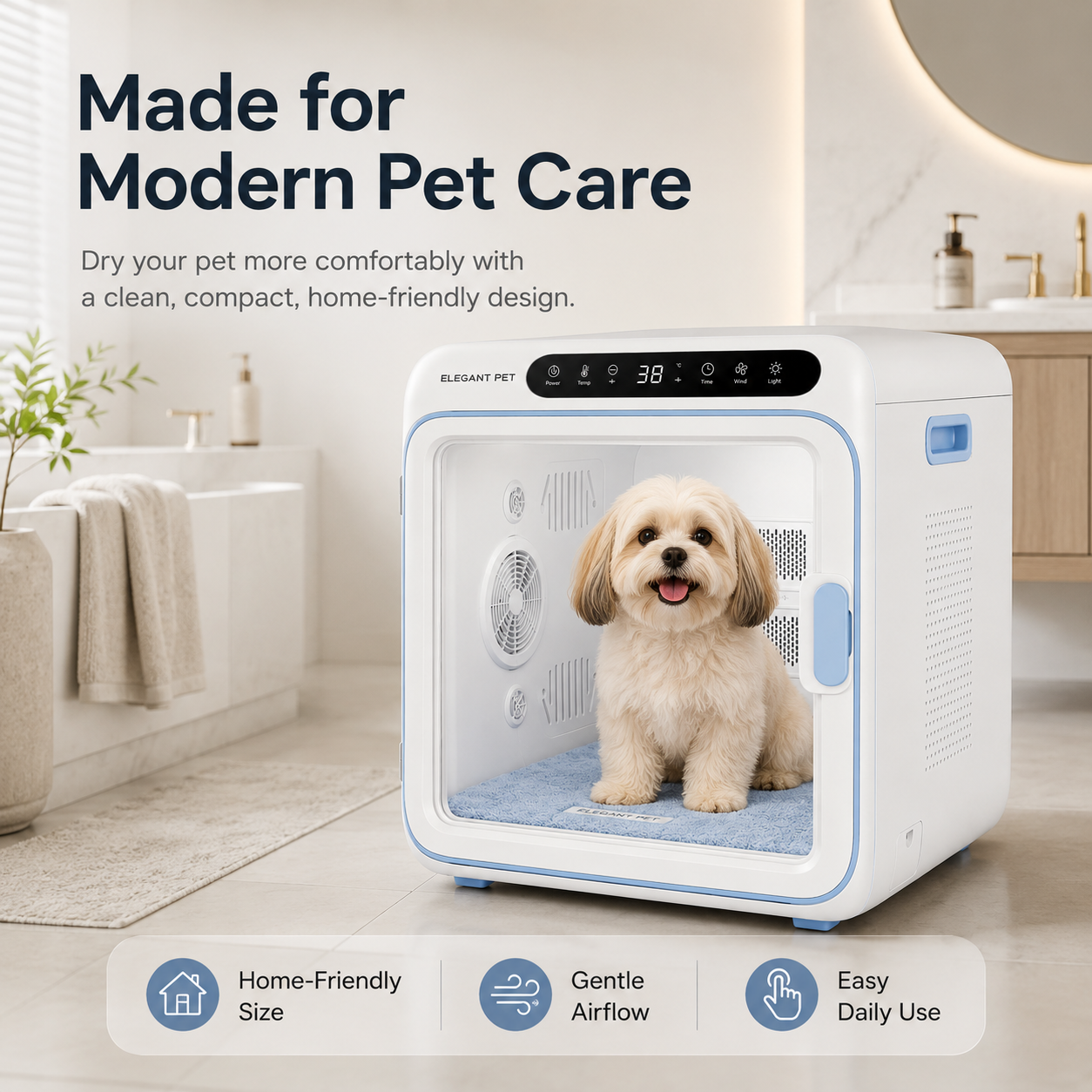 ELEGANT PET Smart Pet Dryer Box for Cats & Small Dogs – 360° Airflow, Adjustable Temperature & Quiet Drying