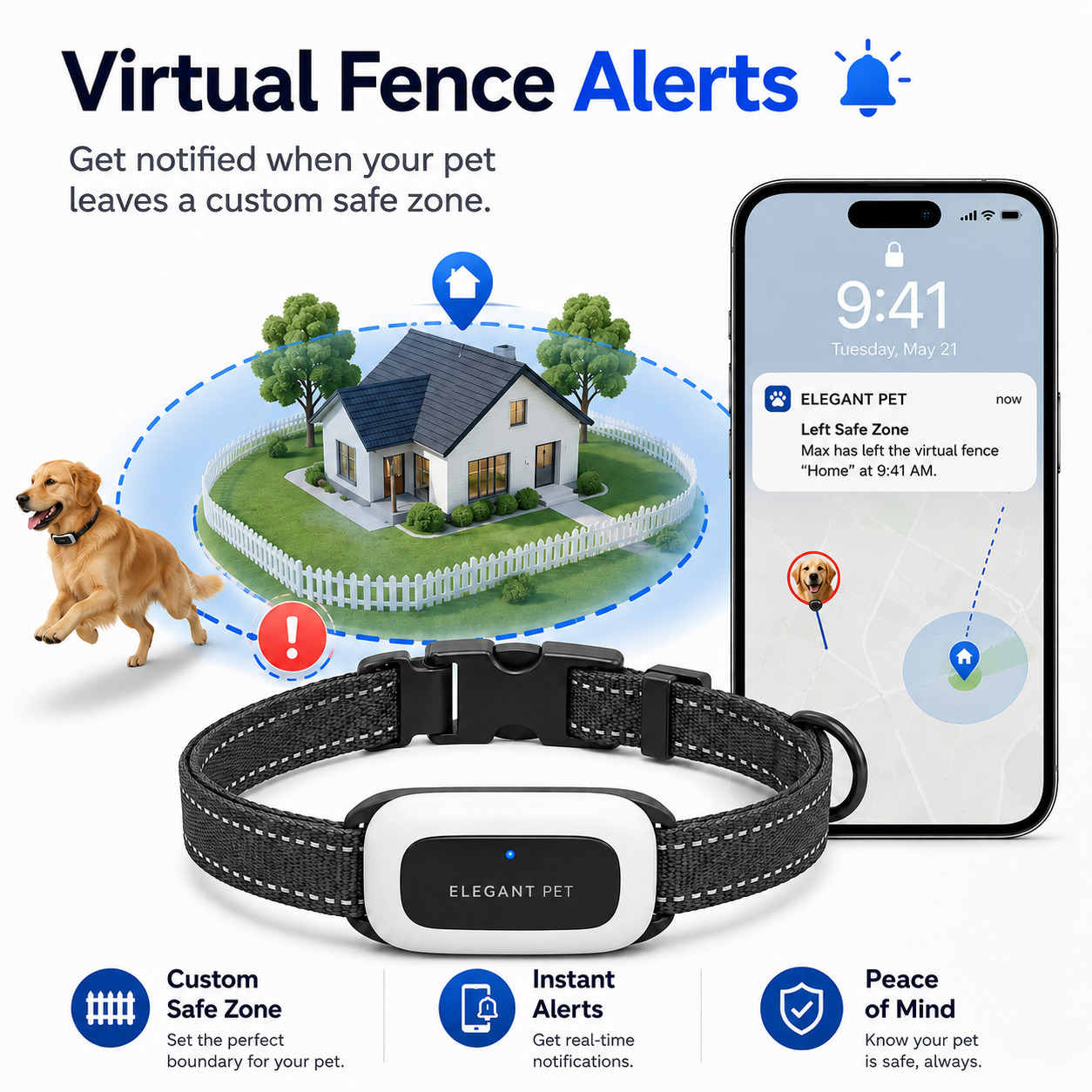 ELEGANT PET Smart GPS Dog Collar & Matching Leash Set – Real-Time Tracking, Virtual Fence Alerts & App Control