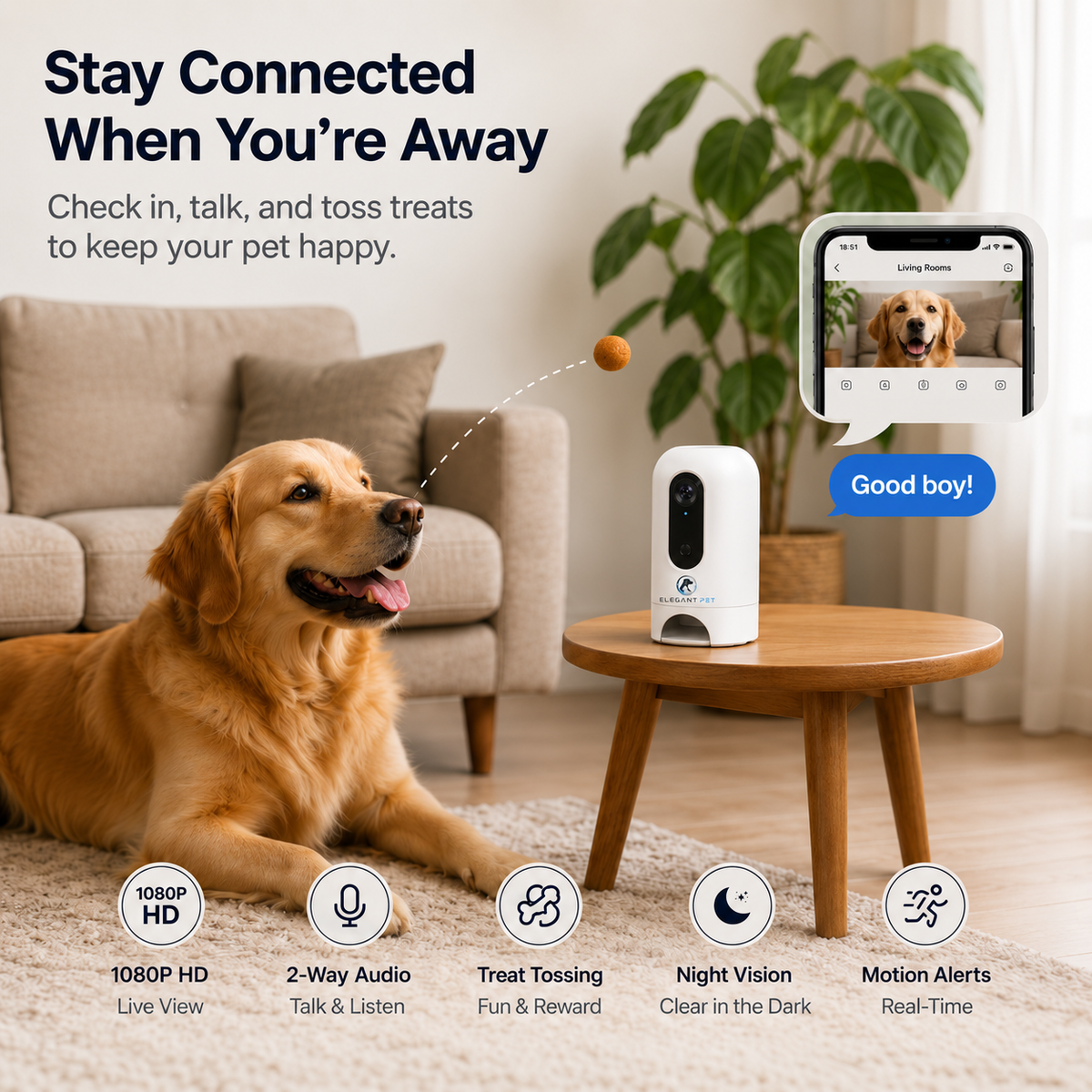 ELEGANT PET 1080p Smart Pet Camera with Treat Dispenser, Night Vision & Two-Way Audio