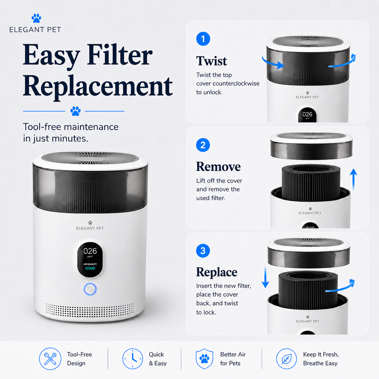 ELEGANT PET Smart Pet Air Purifier – 3-Stage Filtration, App Control & Quiet Sleep Mode