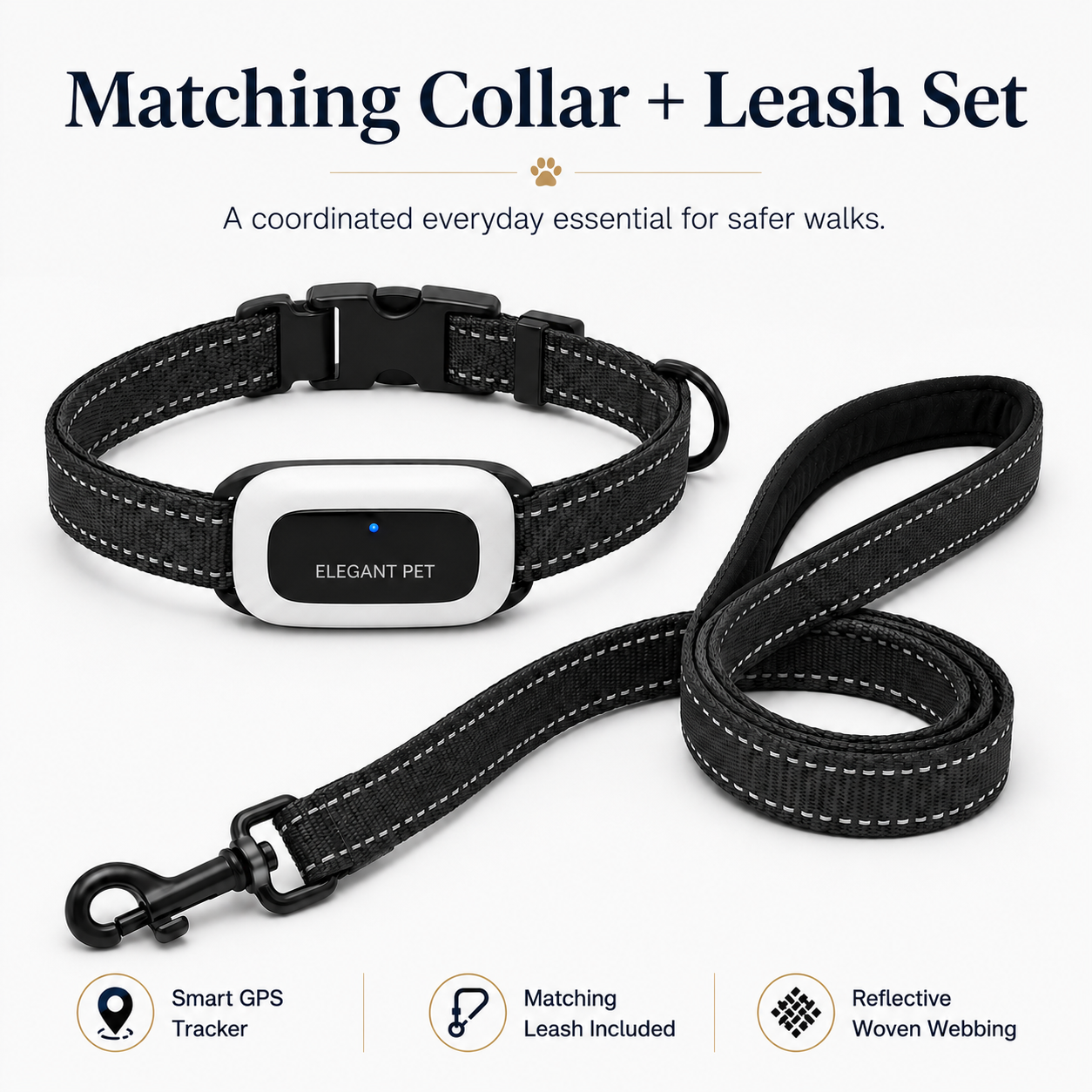 ELEGANT PET Smart GPS Dog Collar & Matching Leash Set – Real-Time Tracking, Virtual Fence Alerts & App Control