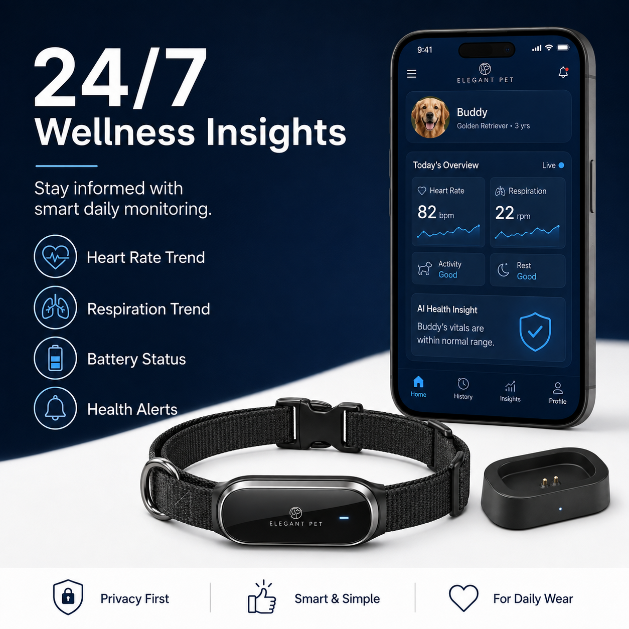 ELEGANT PET AI Smart Health Collar – Activity, Sleep & Wellness Tracking with App Connectivity