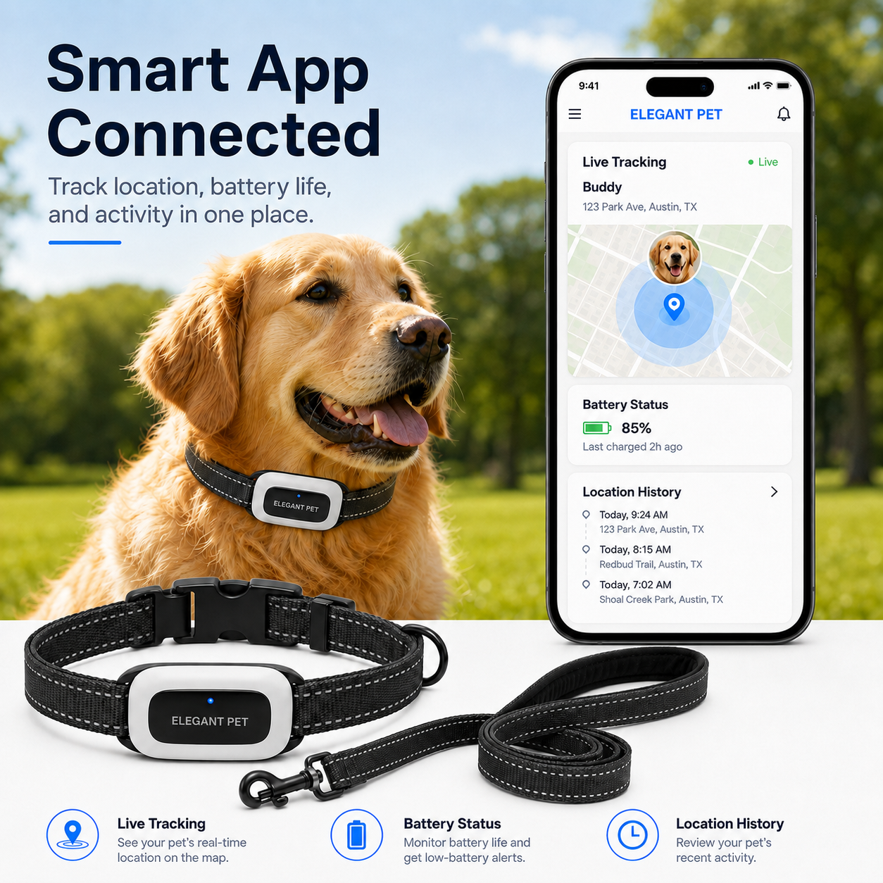 ELEGANT PET Smart GPS Dog Collar & Matching Leash Set – Real-Time Tracking, Virtual Fence Alerts & App Control
