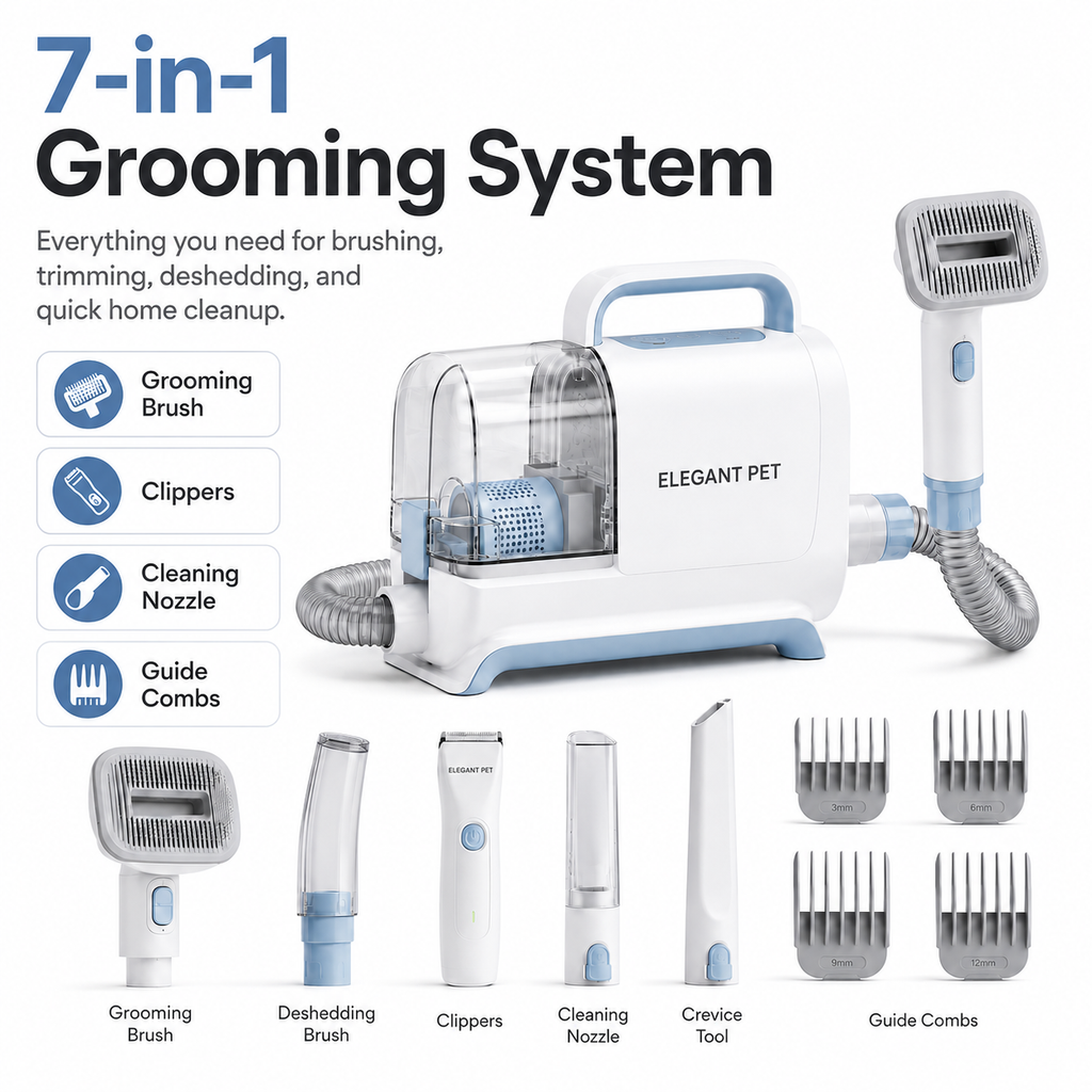 ELEGANT PET 7-in-1 Pet Grooming Vacuum Kit – Dog & Cat Hair Vacuum with Clippers, Grooming Brush & Deshedding Tools