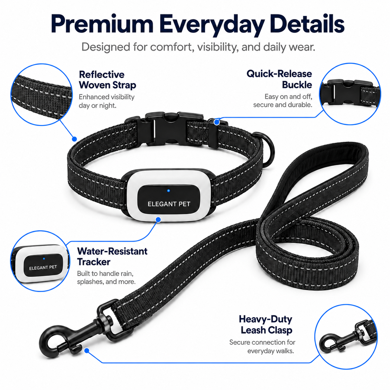 ELEGANT PET Smart GPS Dog Collar & Matching Leash Set – Real-Time Tracking, Virtual Fence Alerts & App Control